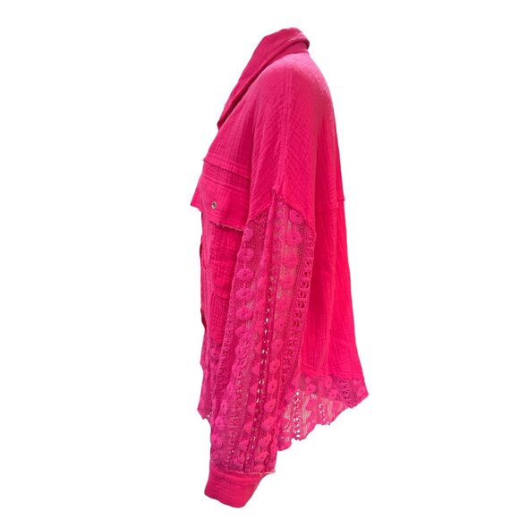 Andree By Unit XL Hot Pink Cotton Lace Shacket Button Front Textured Boho Core - Picture 4 of 12